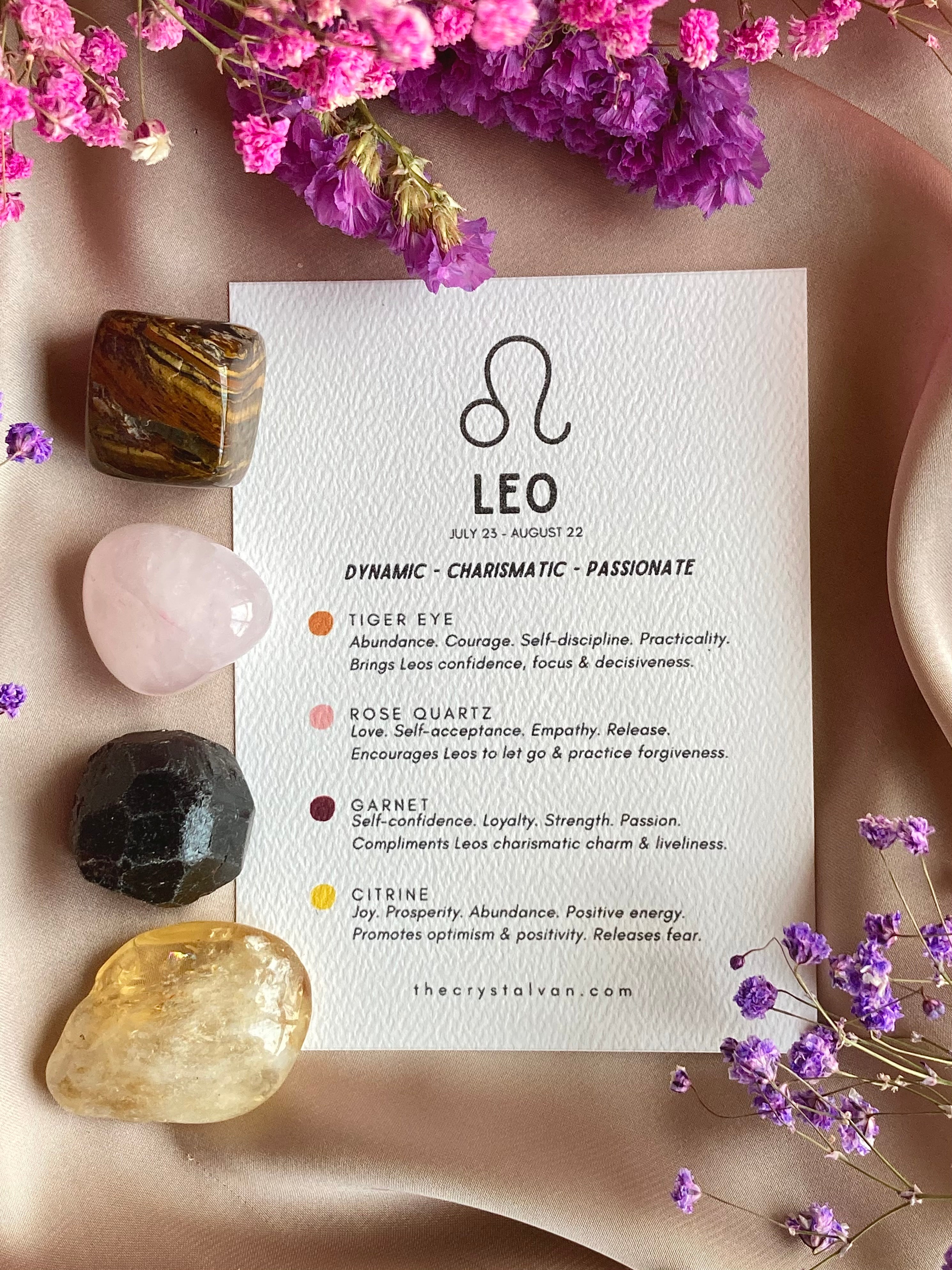 Leo Zodiac Crystal Kit citrine, rose quartz, garnet, tiger eye