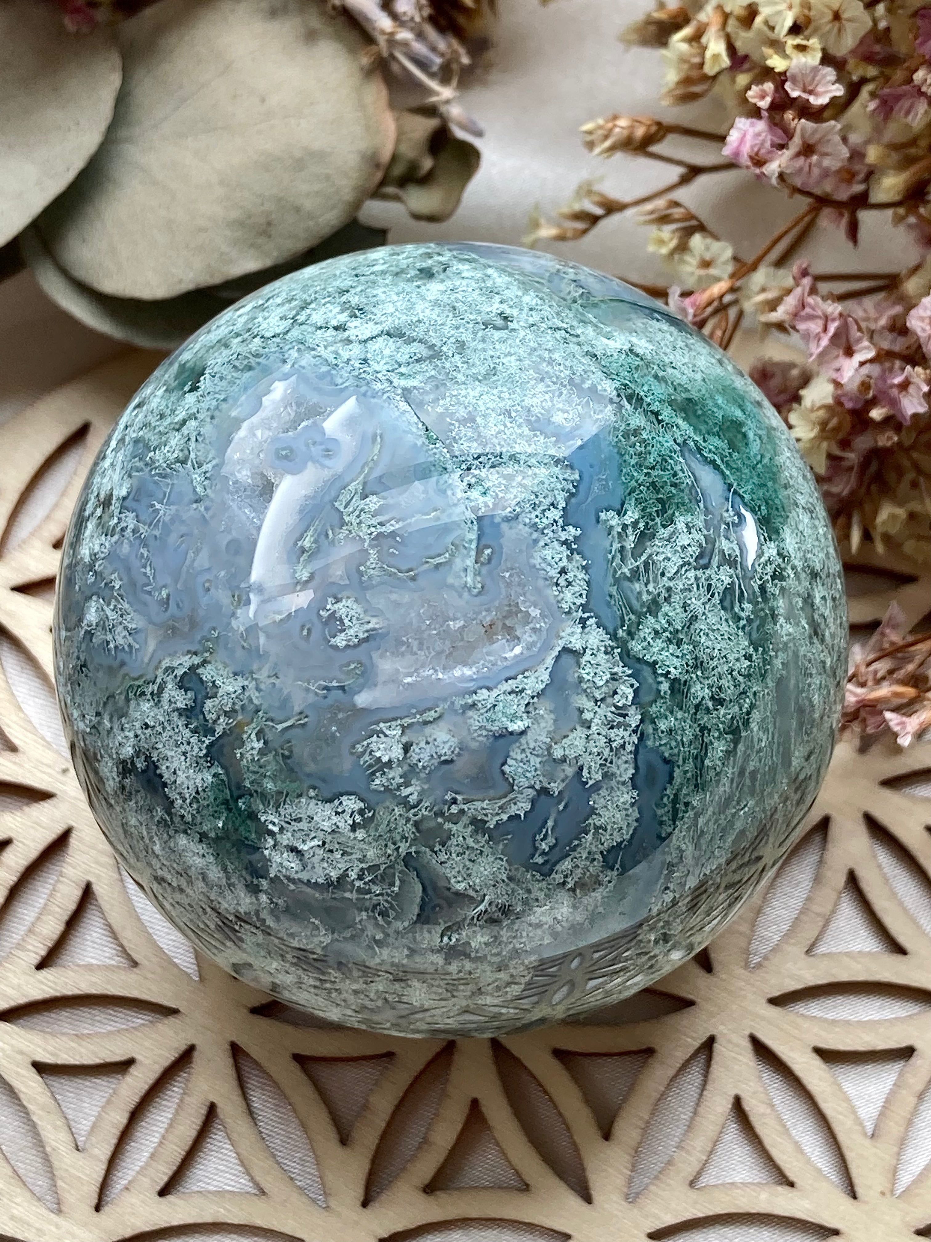 Blue Moss Agate Sphere offers with Druzy- Sugar Druzy