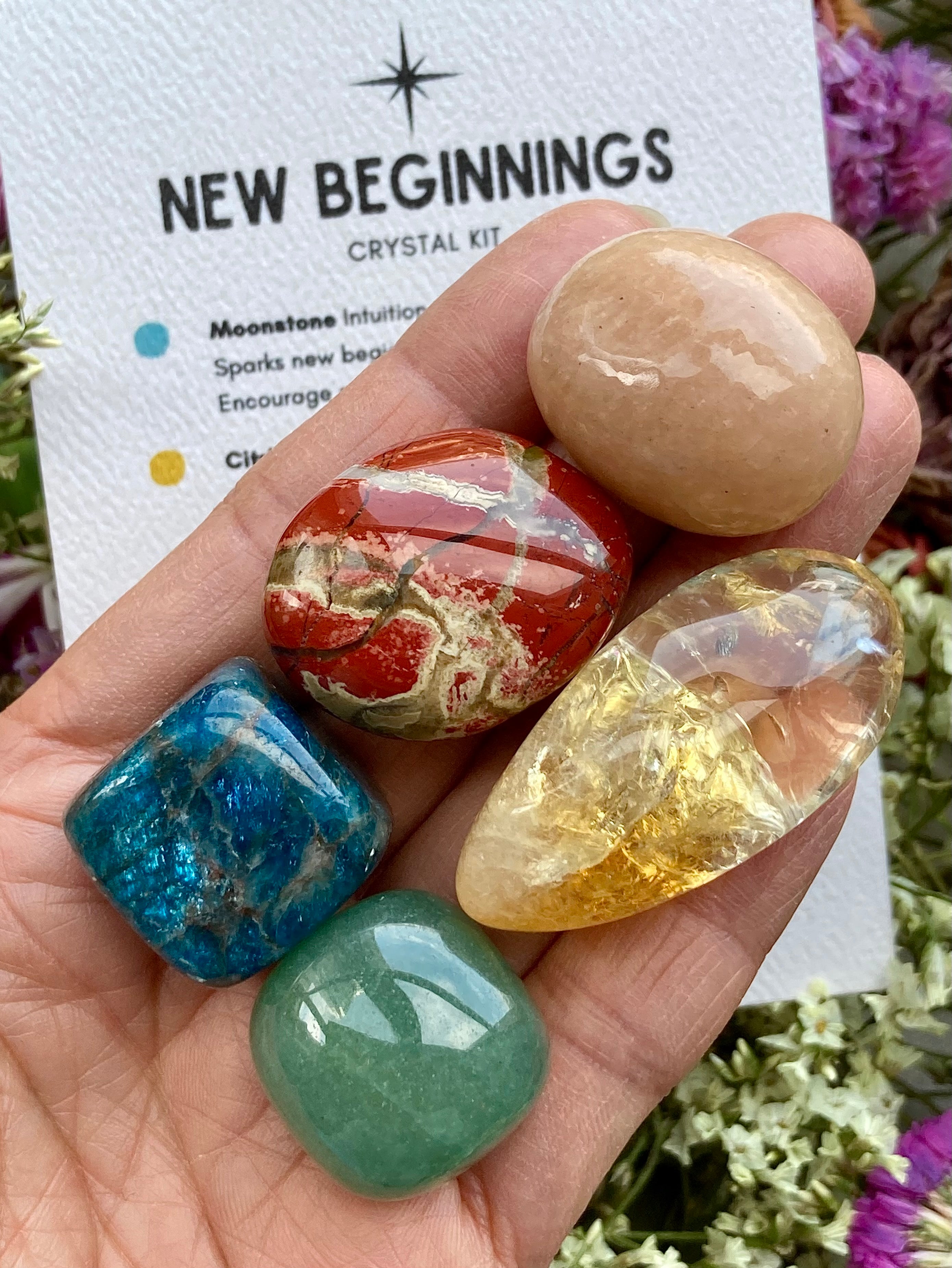 New Beginnings Crystal Kit moonstone, citrine, red jasper, blue