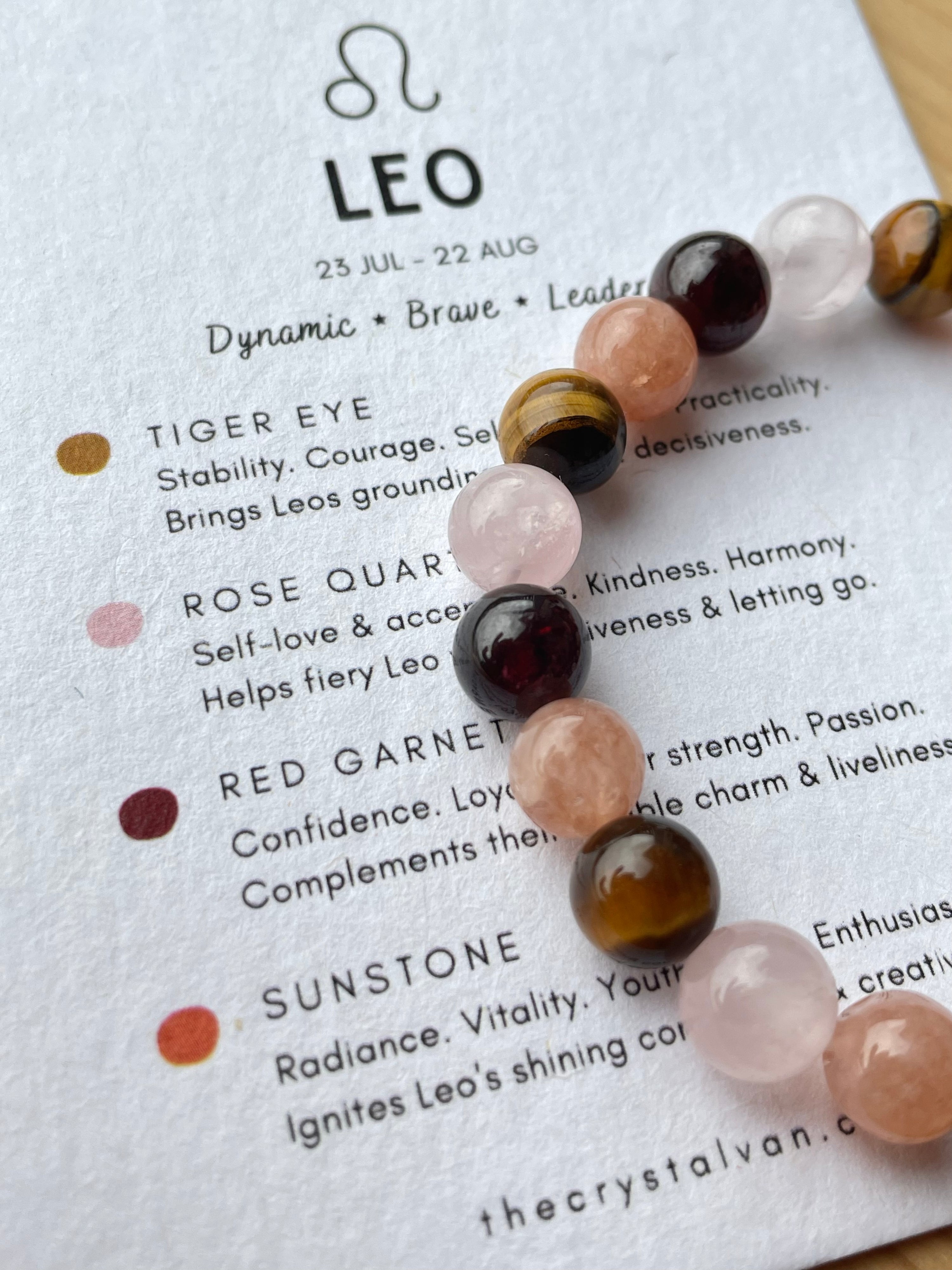 Leo Zodiac Bracelet tiger eye, sunstone, rose quartz, red garnet