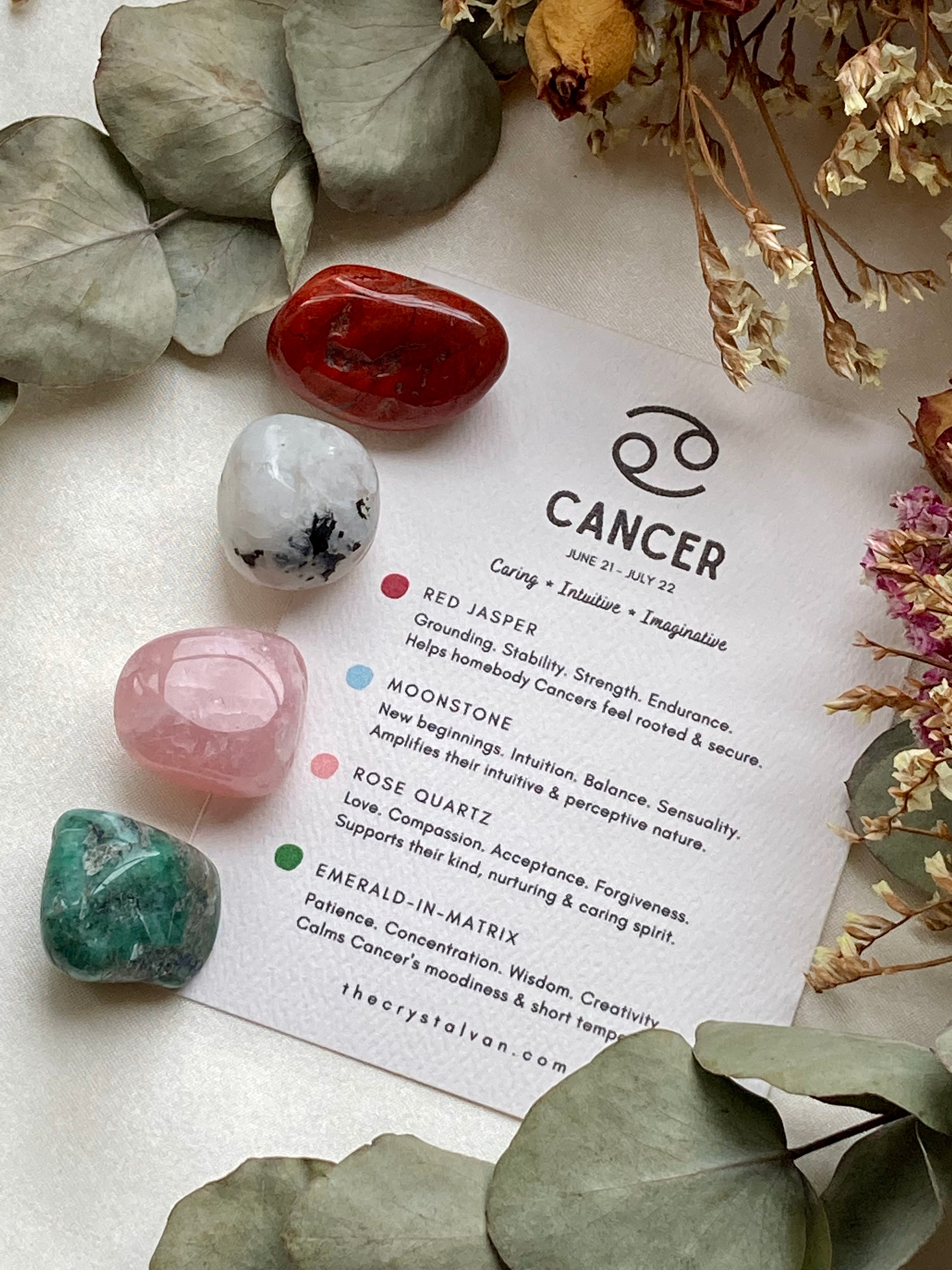 Cancer Zodiac Crystal Kit  red jasper, emerald, moonstone, rose quart –  The Crystal Van